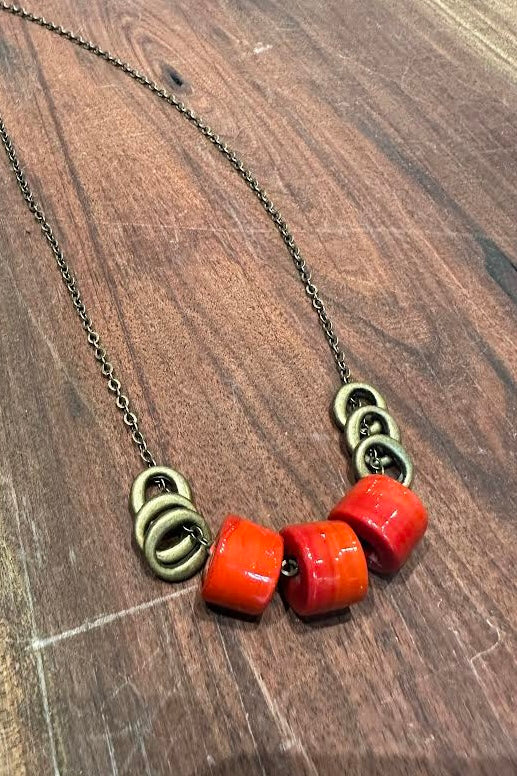 Shape Shifter Necklace - Brass and Brillant Red Tibetan Glass