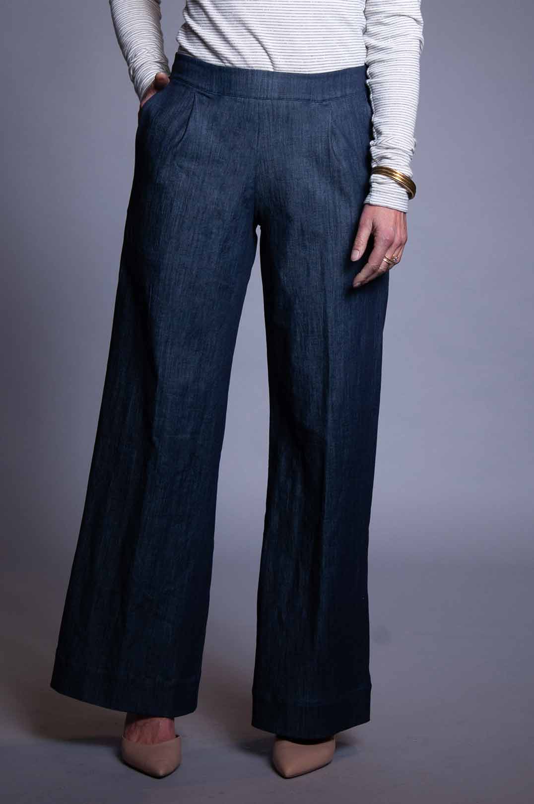 Denim Pleated Blouse & Wide Leg Pants
