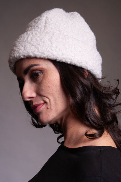 Foldover Beanie - Ivory "Poodle" Wool