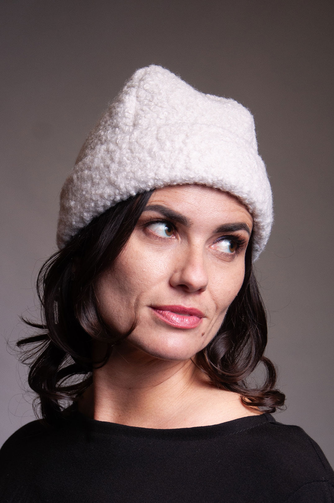 Foldover Beanie - Ivory "Poodle" Wool
