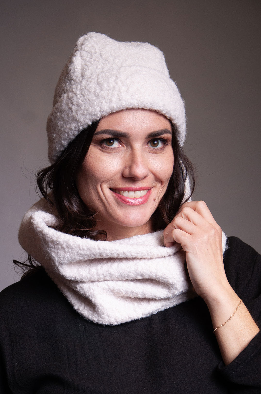 Foldover Beanie - Ivory "Poodle" Wool