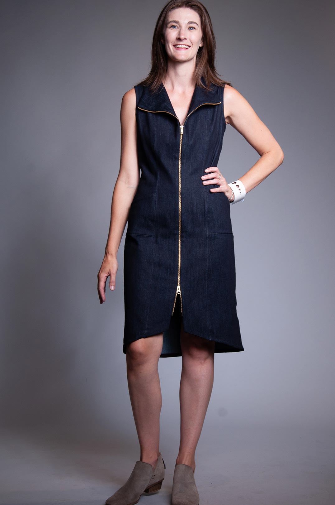 Cowl Neck Zip Dress - Intense Denim