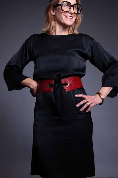 Grommet Belt - Burgundy Croc/Black Patent Leather