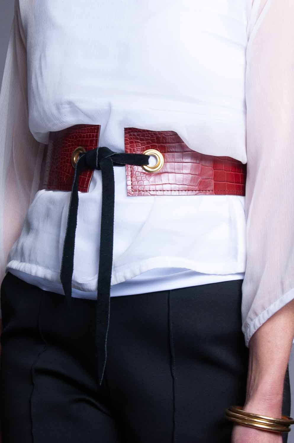 Grommet Belt - Burgundy Croc/Black Patent Leather