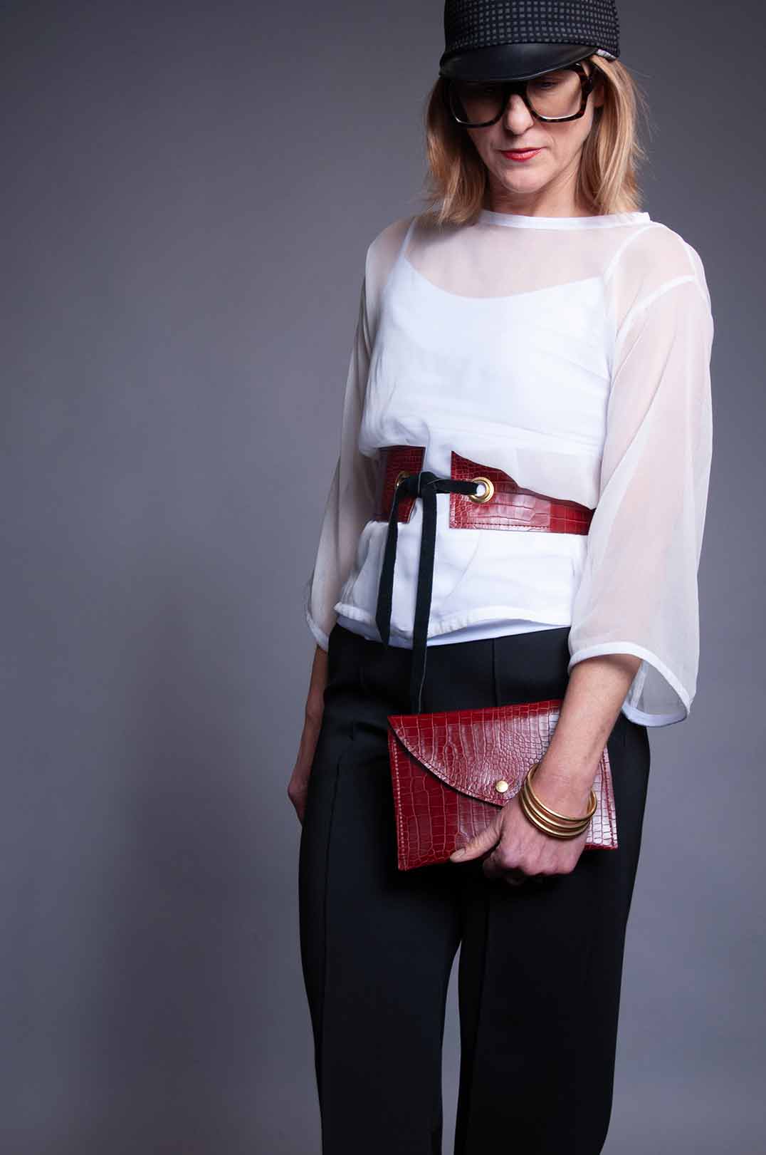 Grommet Belt - Burgundy Croc/Black Patent Leather