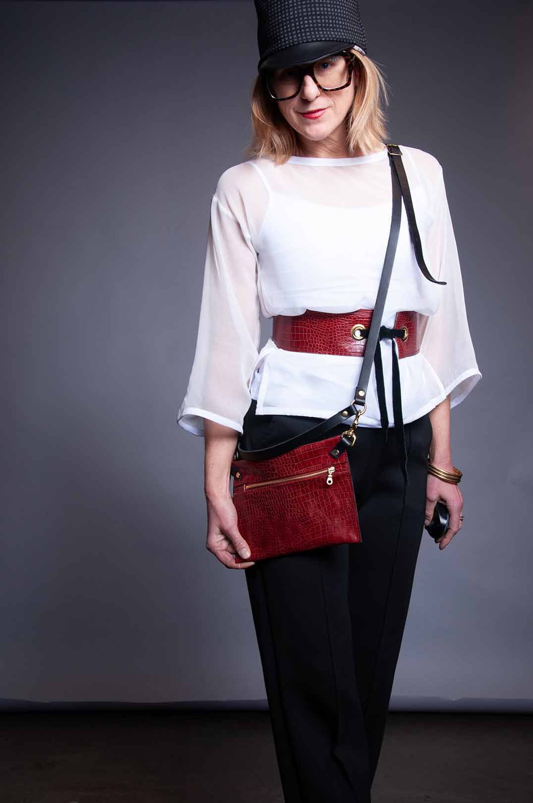 Grommet Belt - Burgundy Croc/Black Patent Leather