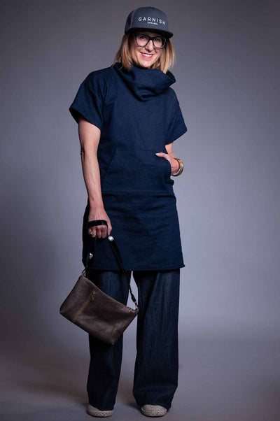 Pleated Wide Leg Trousers - Dark Denim Chambray