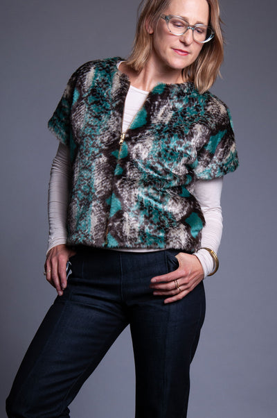 Lux Vest - Teal Snake Faux Fur & Brown Tweed