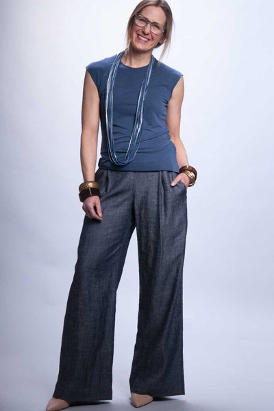 Pleated Wide Leg Trousers - Denim Chambray