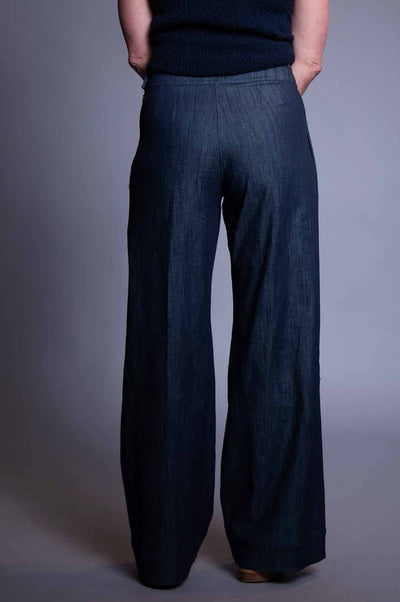 Pleated Wide Leg Trousers - Dark Denim Chambray