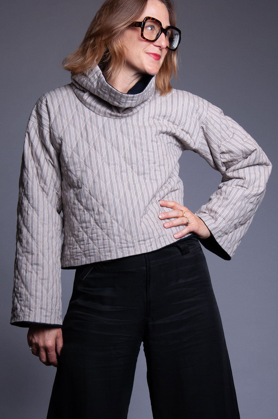 Reversible Cowl Neck Pullover - Intense Denim & Quilted Stripe