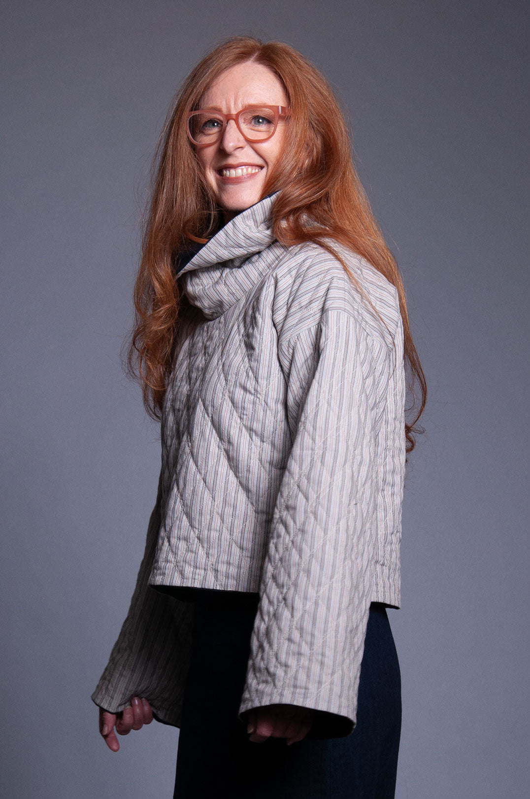 Reversible Cowl Neck Pullover - Intense Denim & Quilted Stripe