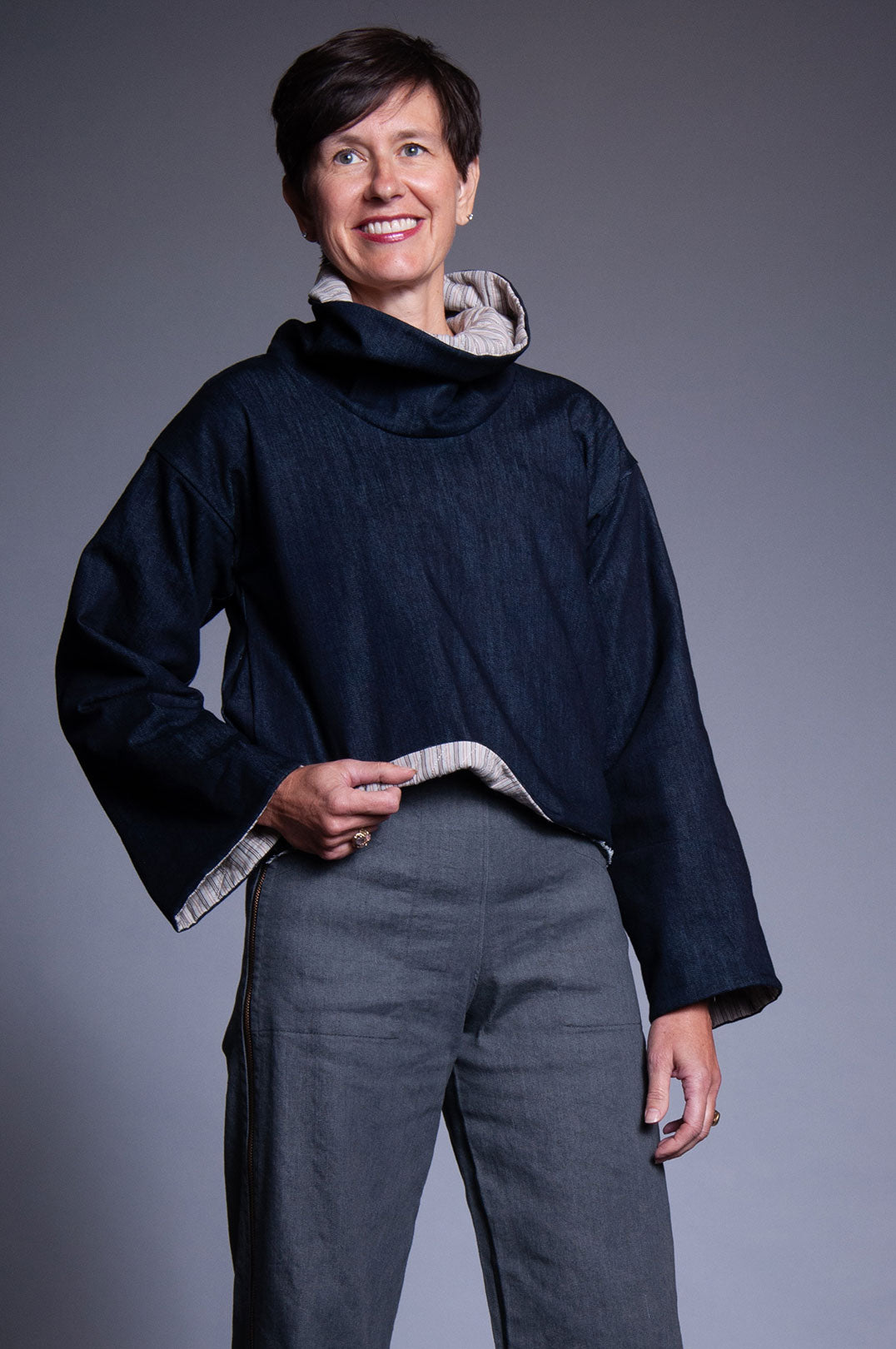 Reversible Cowl Neck Pullover - Intense Denim & Quilted Stripe