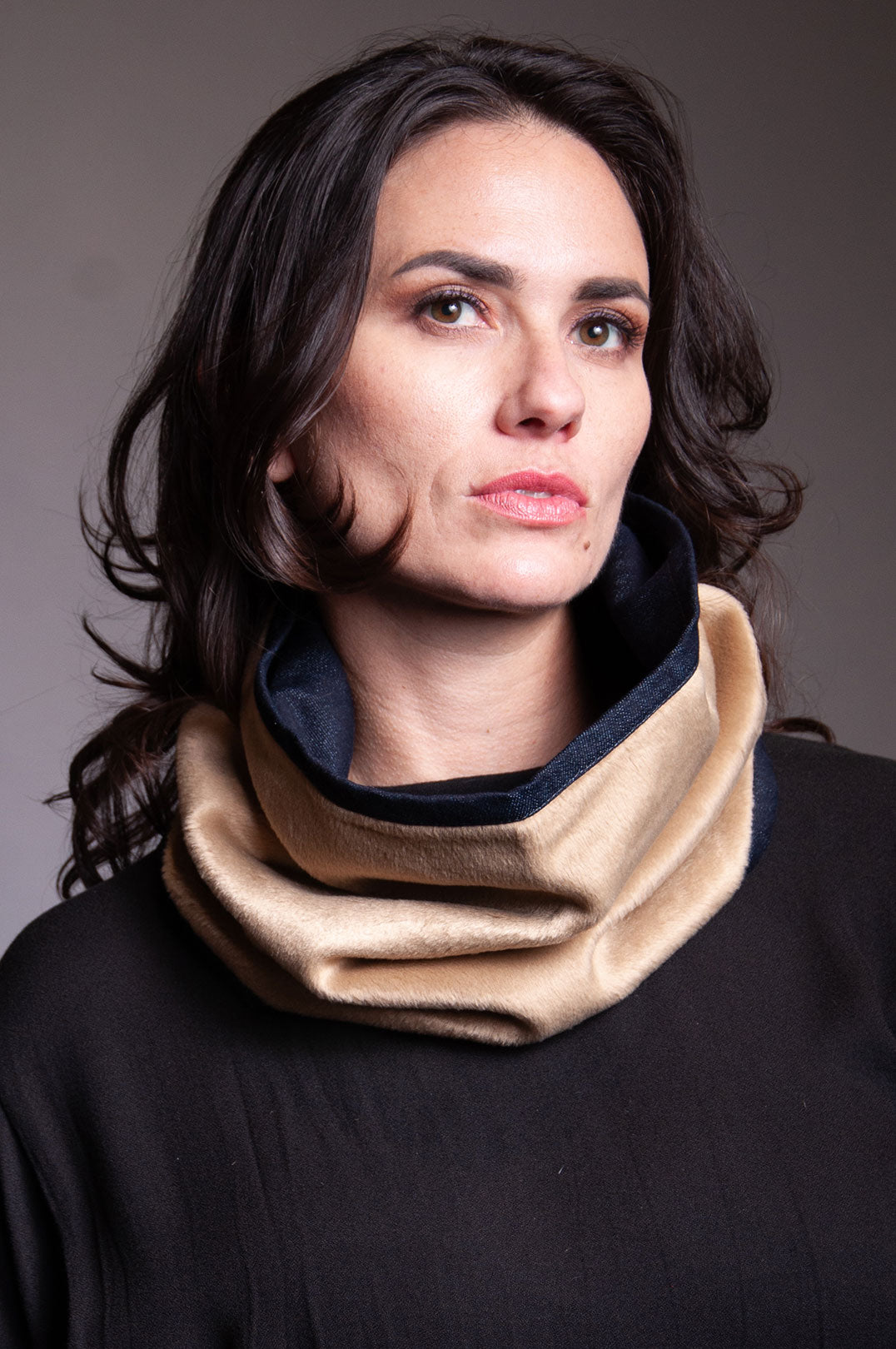 Reversible Cowl - Tan Faux Fur / Denim