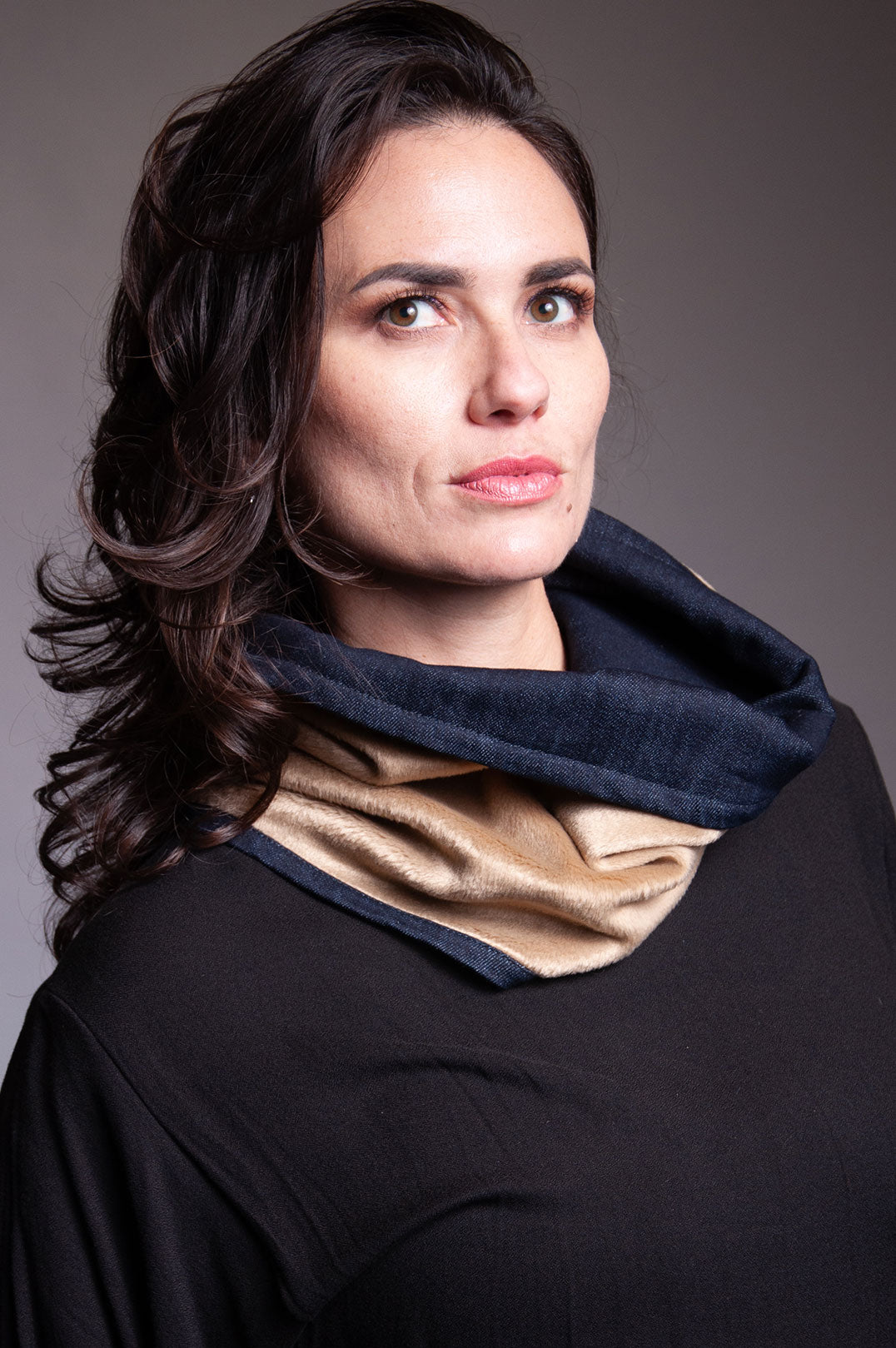 Reversible Cowl - Tan Faux Fur / Denim