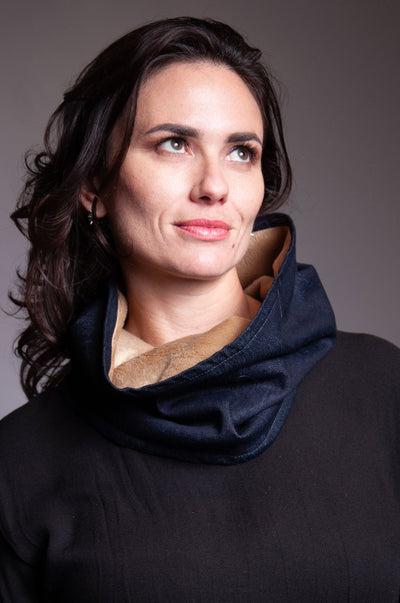 Reversible Cowl - Tan Faux Fur / Denim