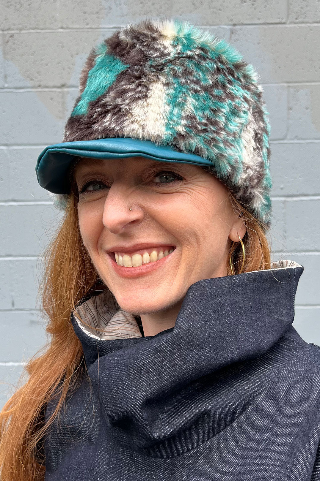 Riding Hat - Teal Snake Faux Fur & Espresso Check