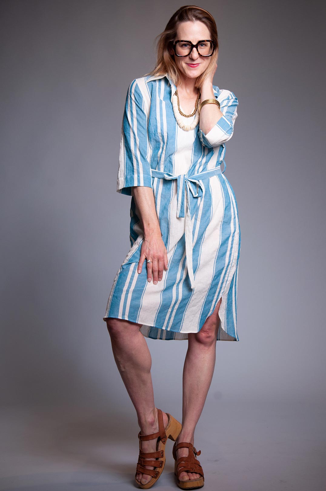 Slip On Linen Shirt Dress - Turquoise Stripe