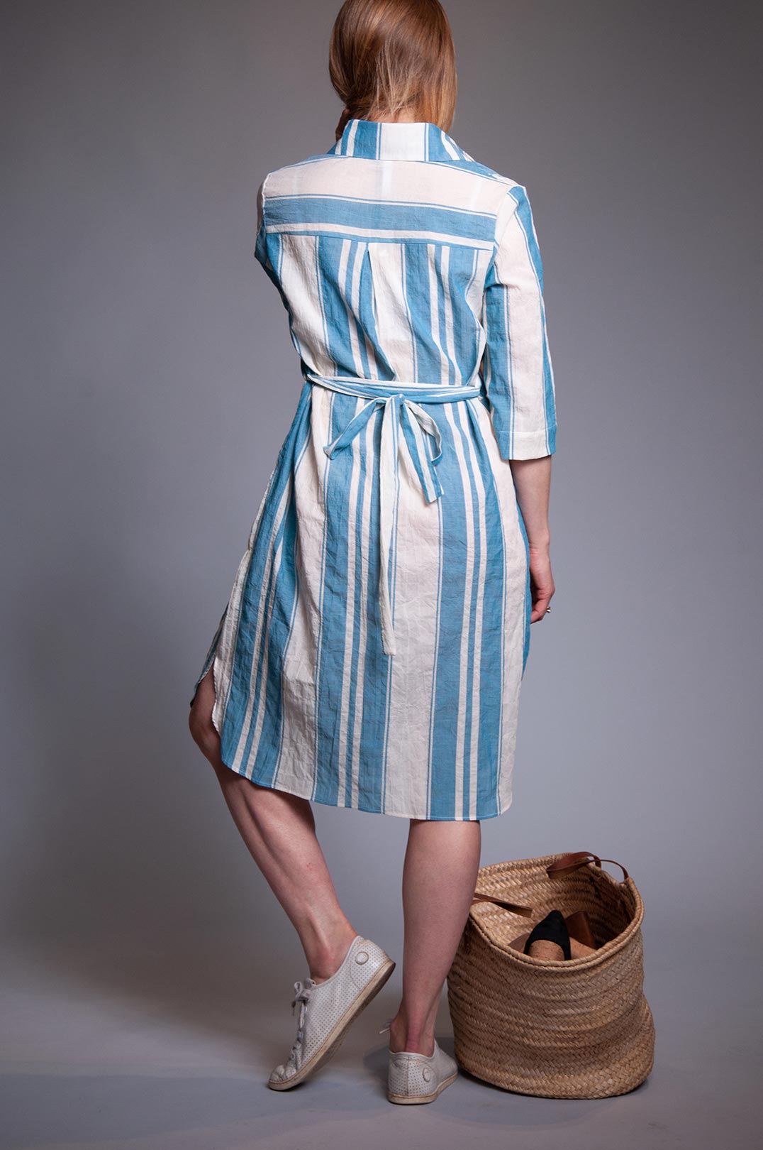Slip On Linen Shirt Dress - Turquoise Stripe L