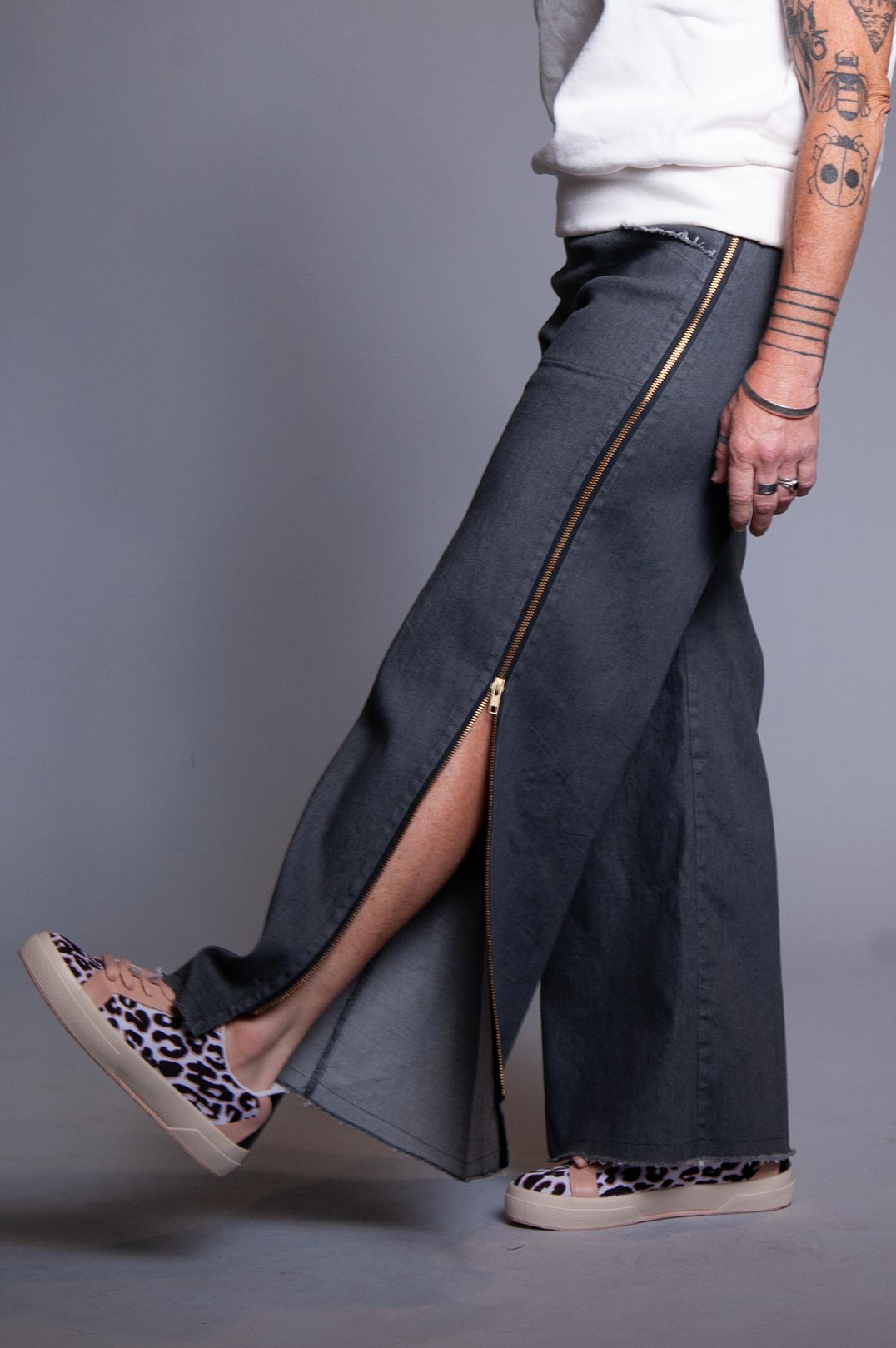 Wide Leg Zip Pant - Steel Denim