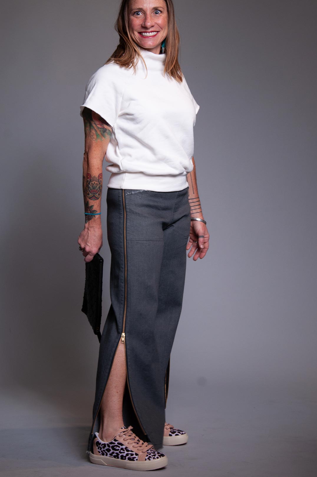 Wide Leg Zip Pant - Steel Denim