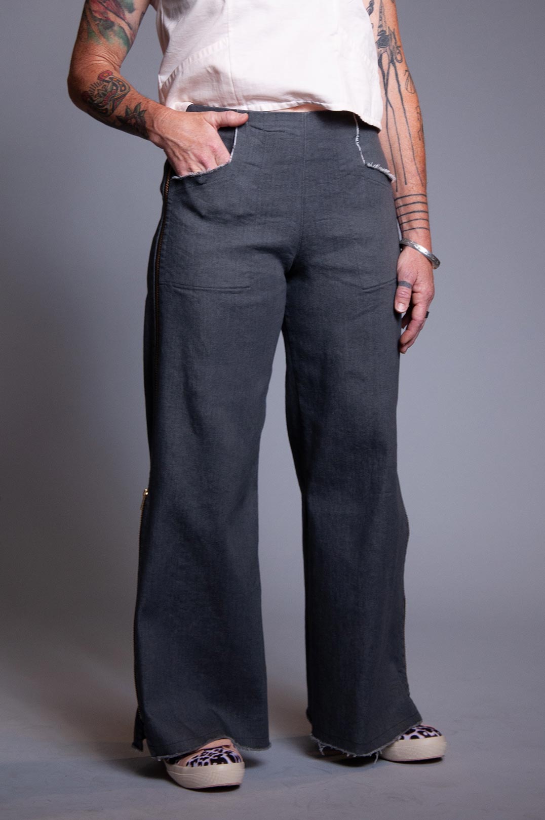 Wide Leg Zip Pant - Steel Denim