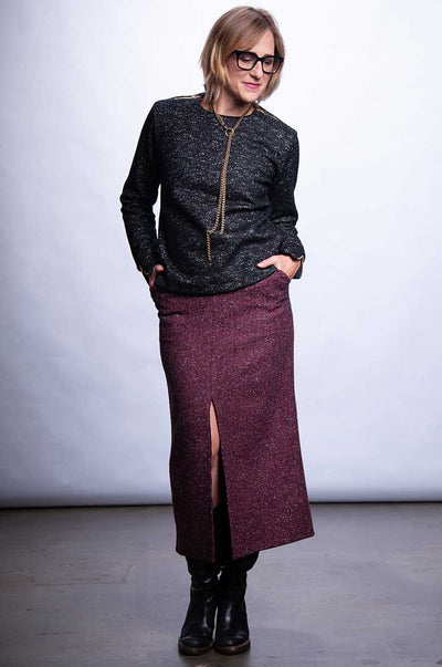 Fiona Long Wool Skirt - Fuchsia herringbone